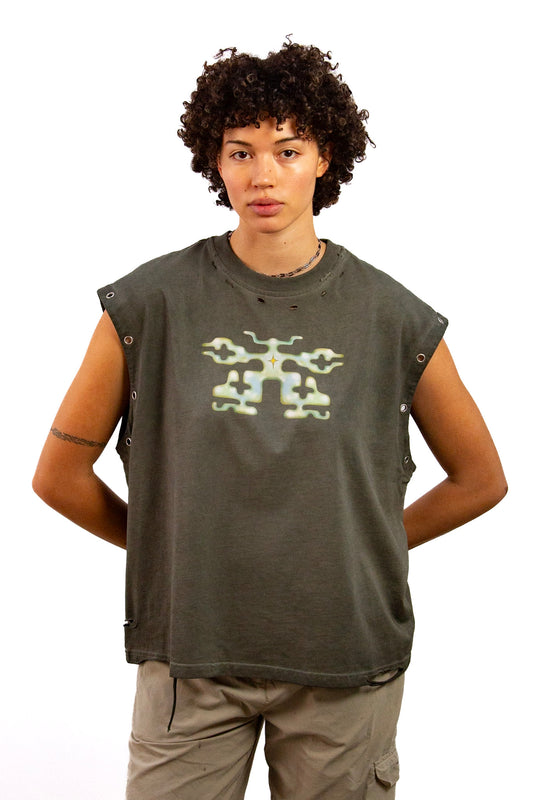 Light skinned androgynous model with natural curly hair wearing shirt in Stone grey
