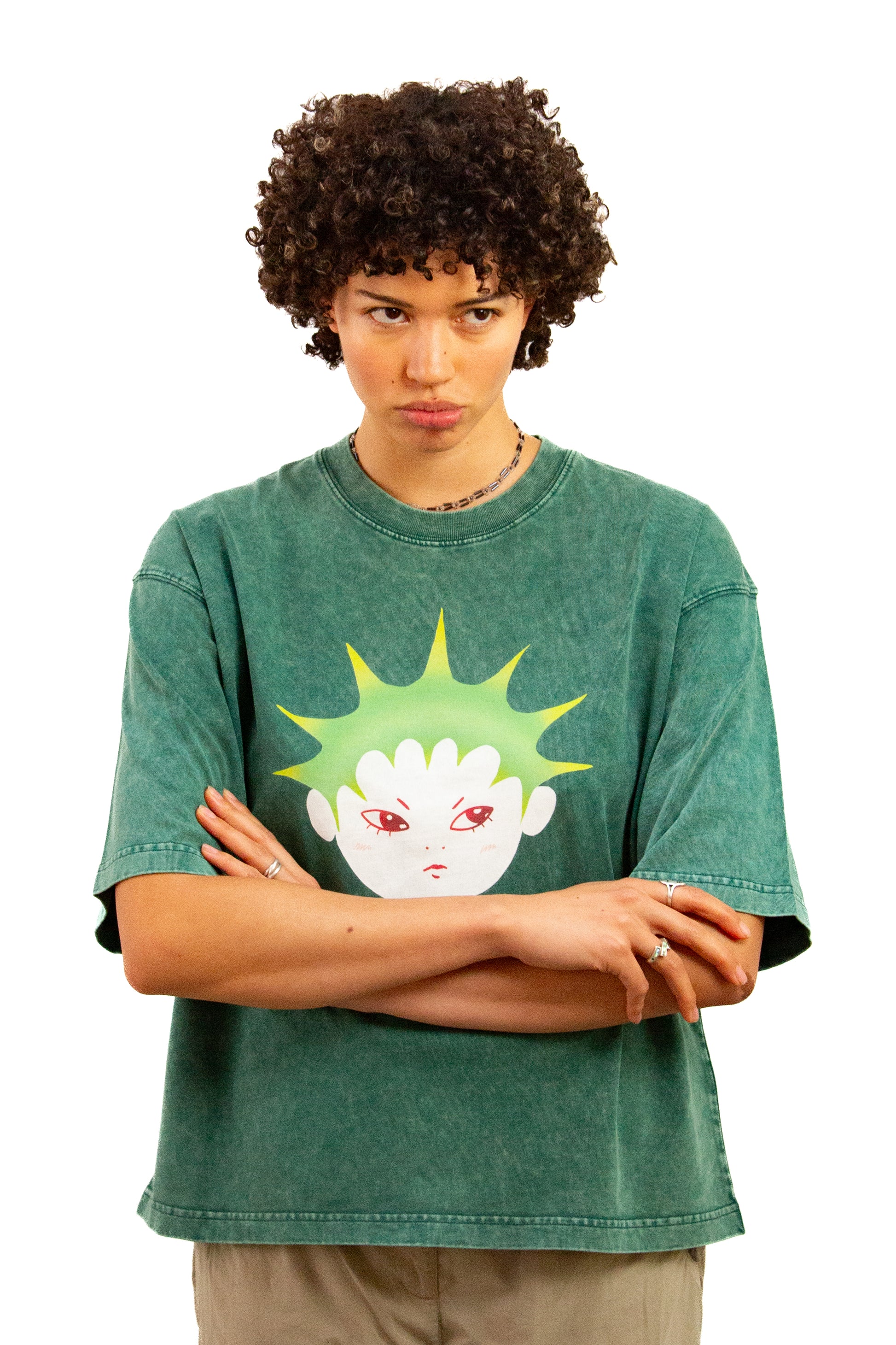 Light skinned androgynous model with natural curly hair wearing shirt in Jasper green
