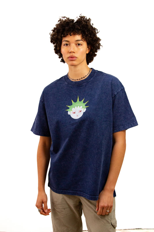 Light skinned androgynous model with natural curly hair wearing shirt in Ink blue